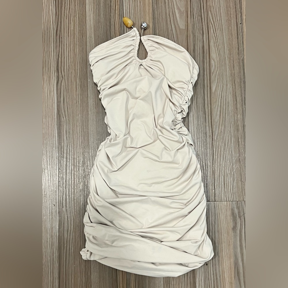 Peppermayo Cream Asymmetrical Ruched Halter Dress